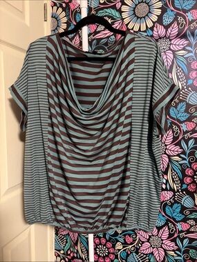 Cowl Neck Striped Blouse in Blue and Brown